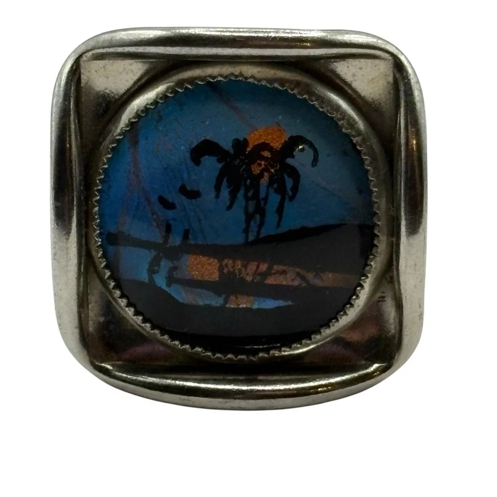Tropical Island Cufflinks Beach Theme Vacation Vintage Silver‎ Tone Palm Trees